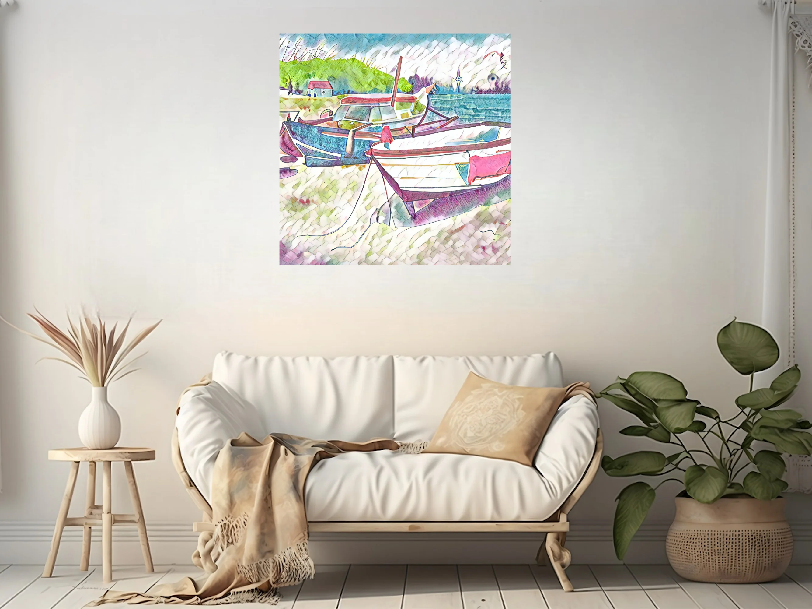 Pastel harbor boats in watercolor-style coastal scene with cottage and green hillside