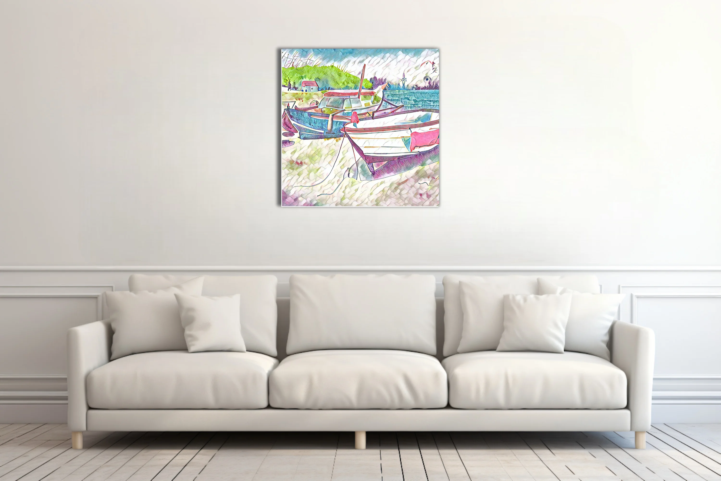 Pastel harbor boats in watercolor-style coastal scene with cottage and green hillside