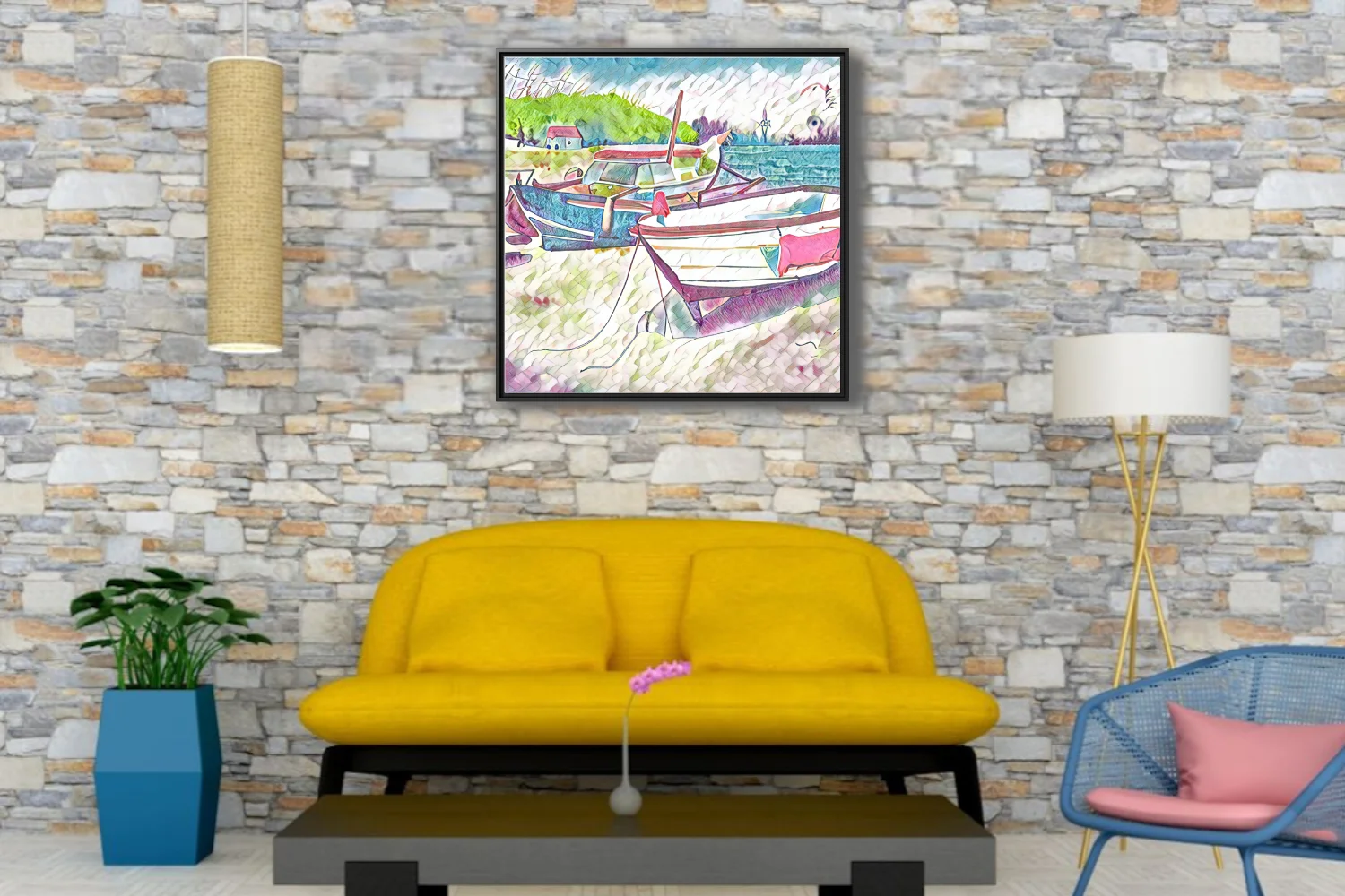 Pastel harbor boats in watercolor-style coastal scene with cottage and green hillside