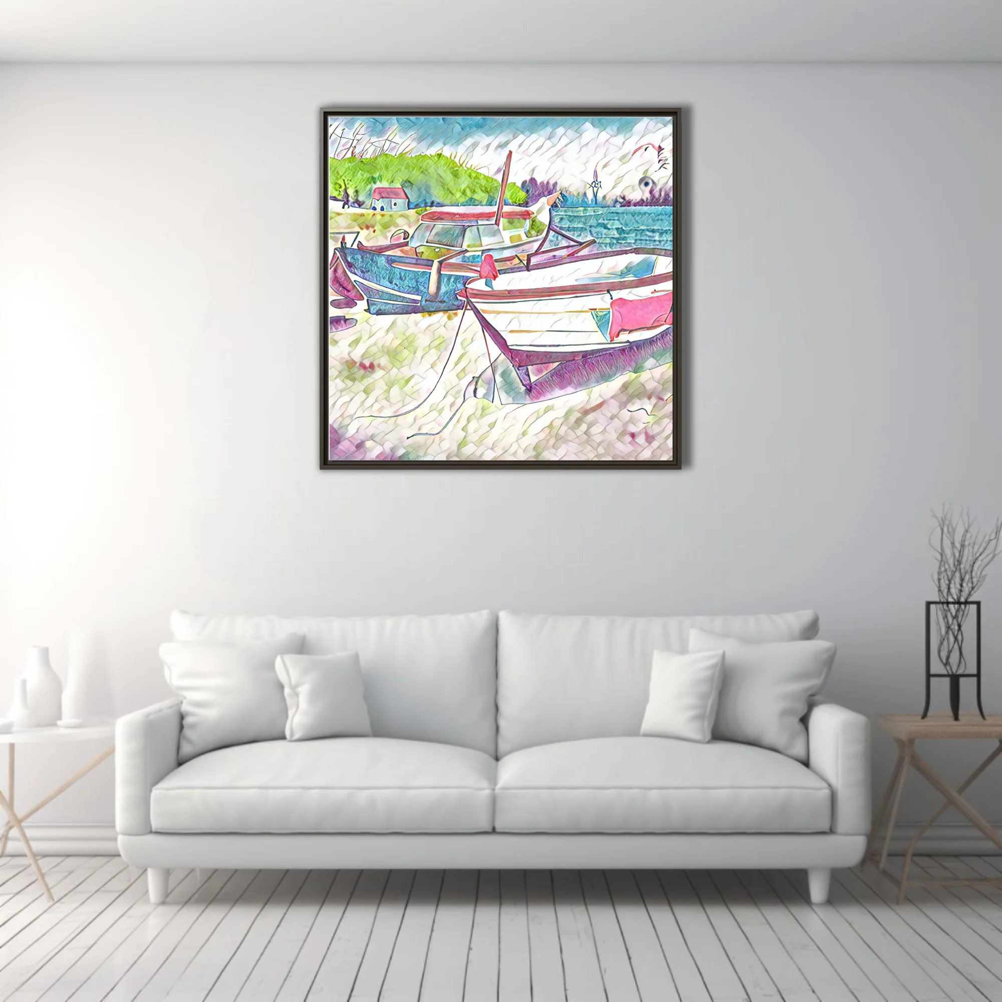 Pastel harbor boats in watercolor-style coastal scene with cottage and green hillside