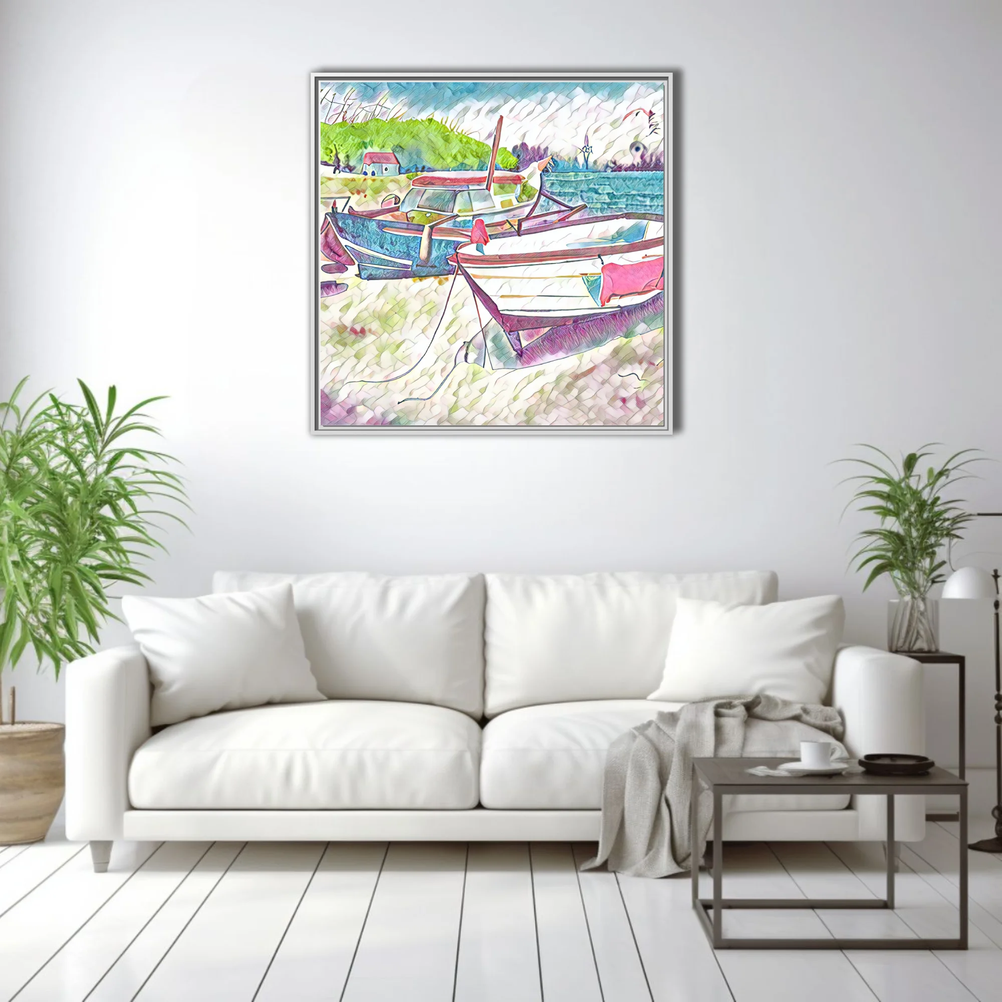 Pastel harbor boats in watercolor-style coastal scene with cottage and green hillside