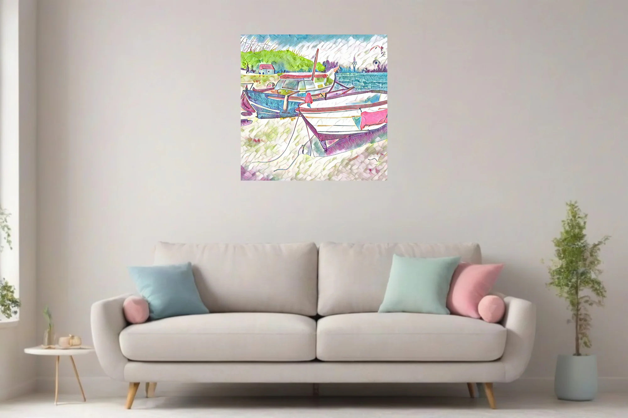Pastel harbor boats in watercolor-style coastal scene with cottage and green hillside
