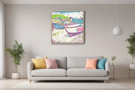 Pastel harbor boats in watercolor-style coastal scene with cottage and green hillside