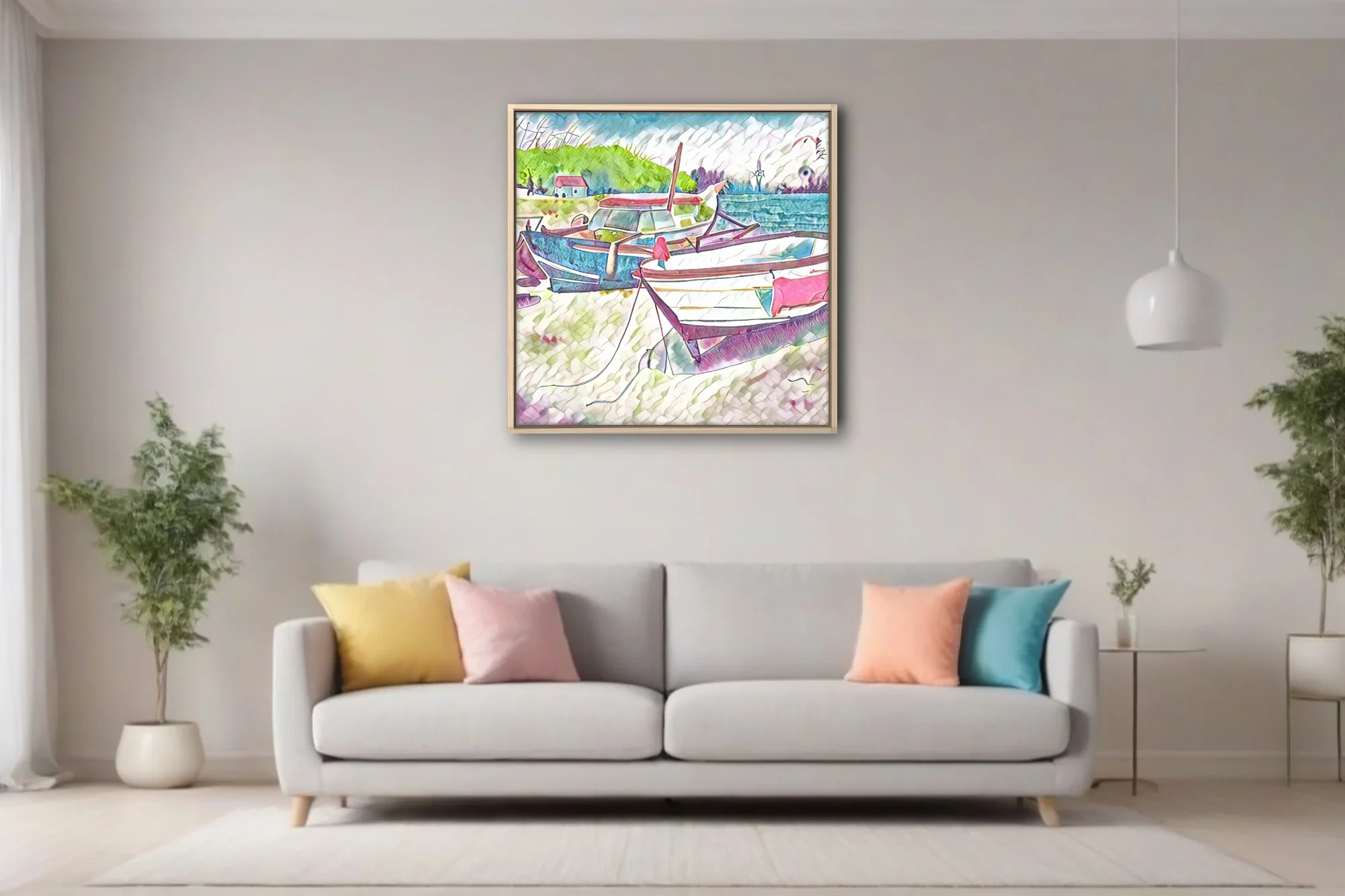 Pastel harbor boats in watercolor-style coastal scene with cottage and green hillside