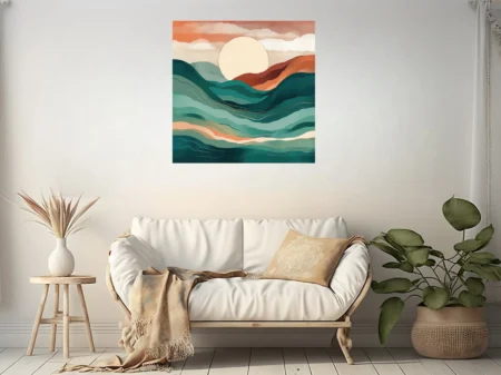 Boho abstract landscape with teal waves, terracotta hills, and glowing celestial orb at dusk