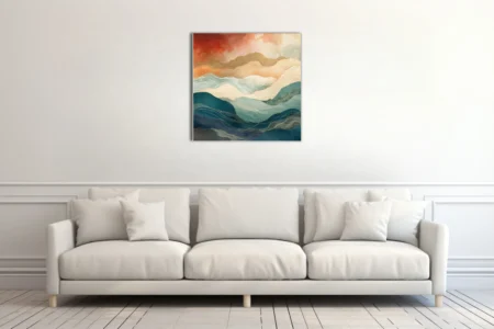 Boho abstract landscape with layered teal and terracotta watercolor-style waves