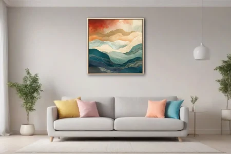 Boho abstract landscape with layered teal and terracotta watercolor-style waves