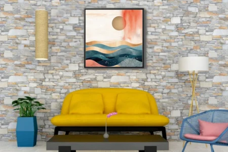 Boho abstract seascape with teal waves, gold accents, coral sky, and luminous orb