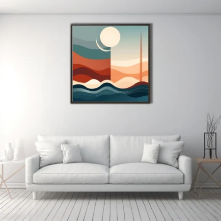 Mid-century modern abstract landscape, teal waves, terracotta dunes, celestial forms