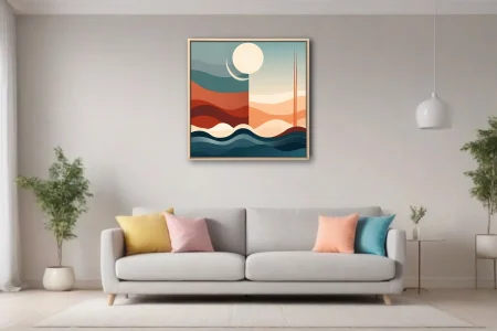 Mid-century modern abstract landscape, teal waves, terracotta dunes, celestial forms