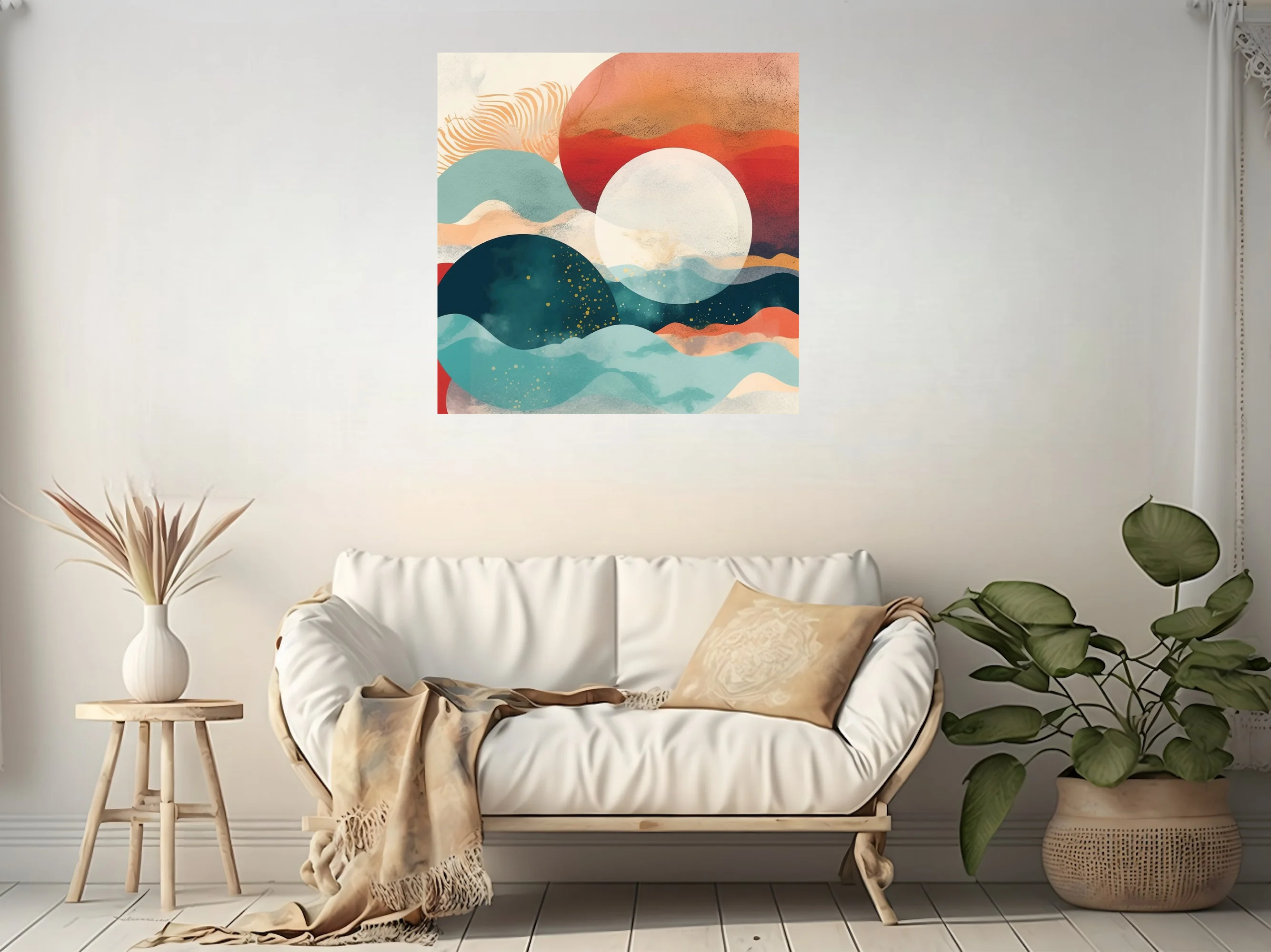 Boho abstract landscape with teal waves, terra-cotta tones, and glowing celestial forms