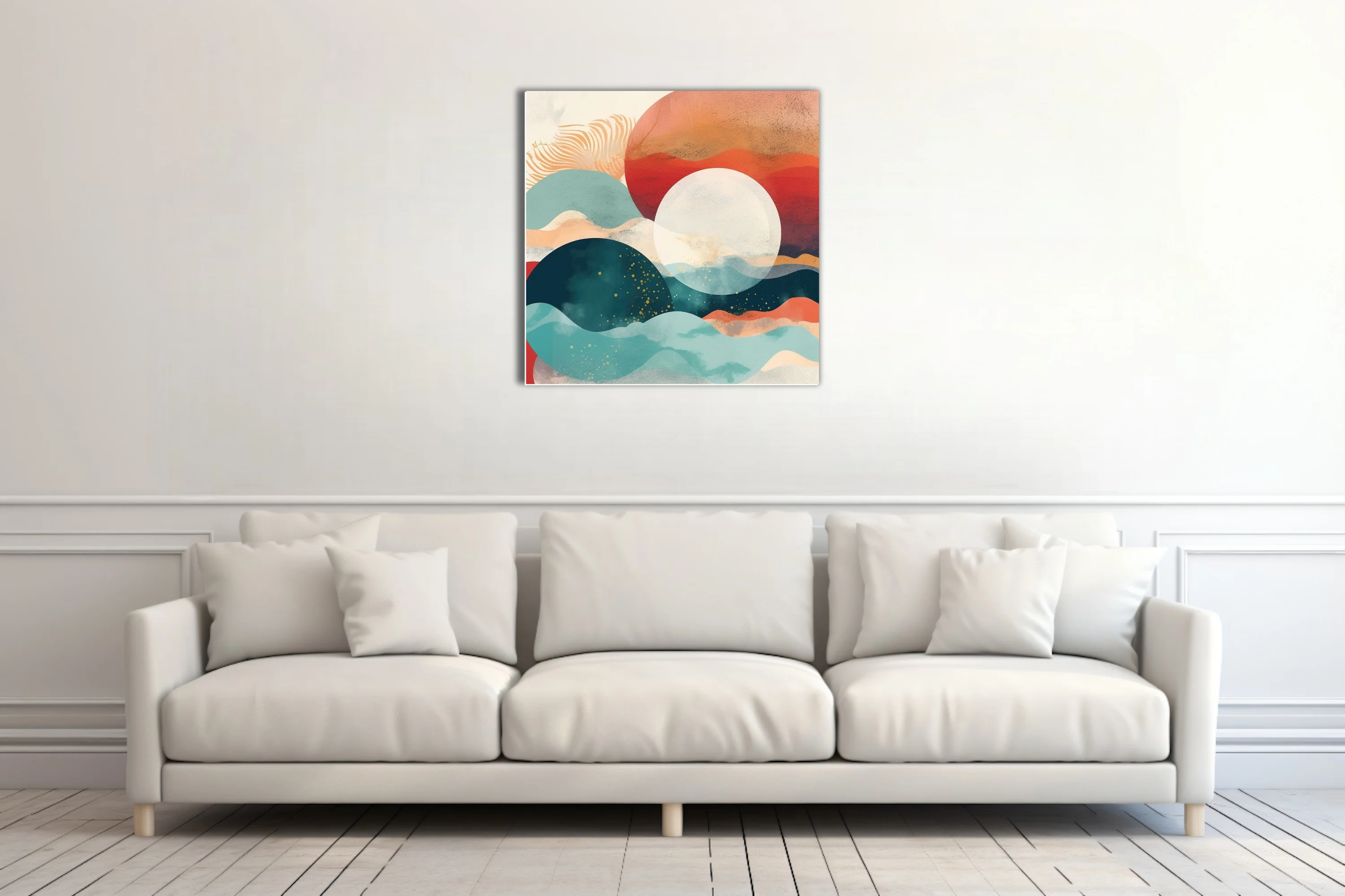 Boho abstract landscape with teal waves, terra-cotta tones, and glowing celestial forms