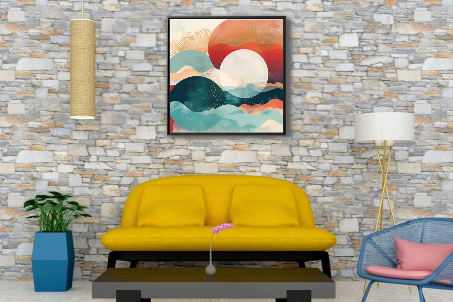 Boho abstract landscape with teal waves, terra-cotta tones, and glowing celestial forms