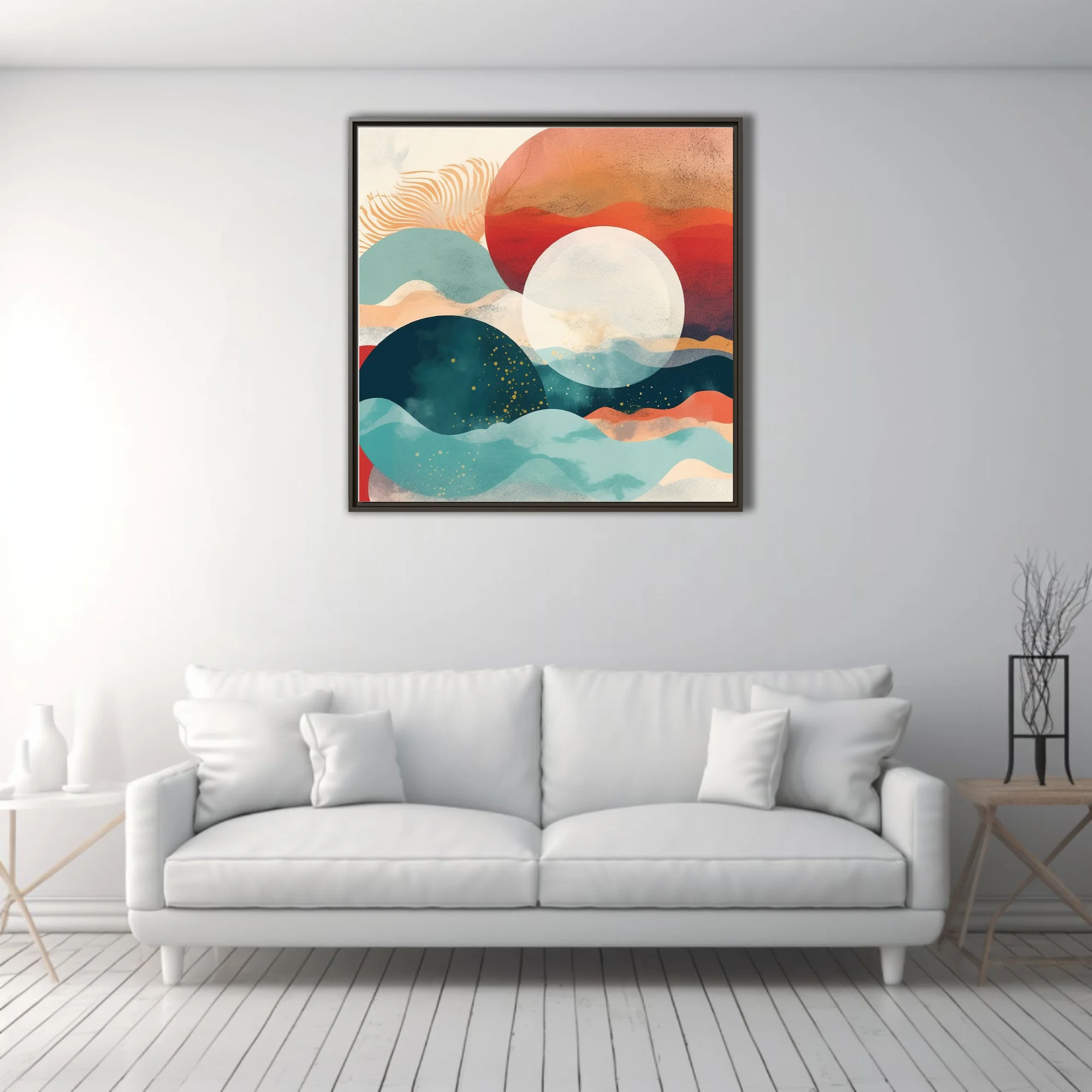 Boho abstract landscape with teal waves, terra-cotta tones, and glowing celestial forms