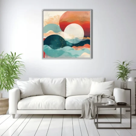 Boho abstract landscape with teal waves, terra-cotta tones, and glowing celestial forms