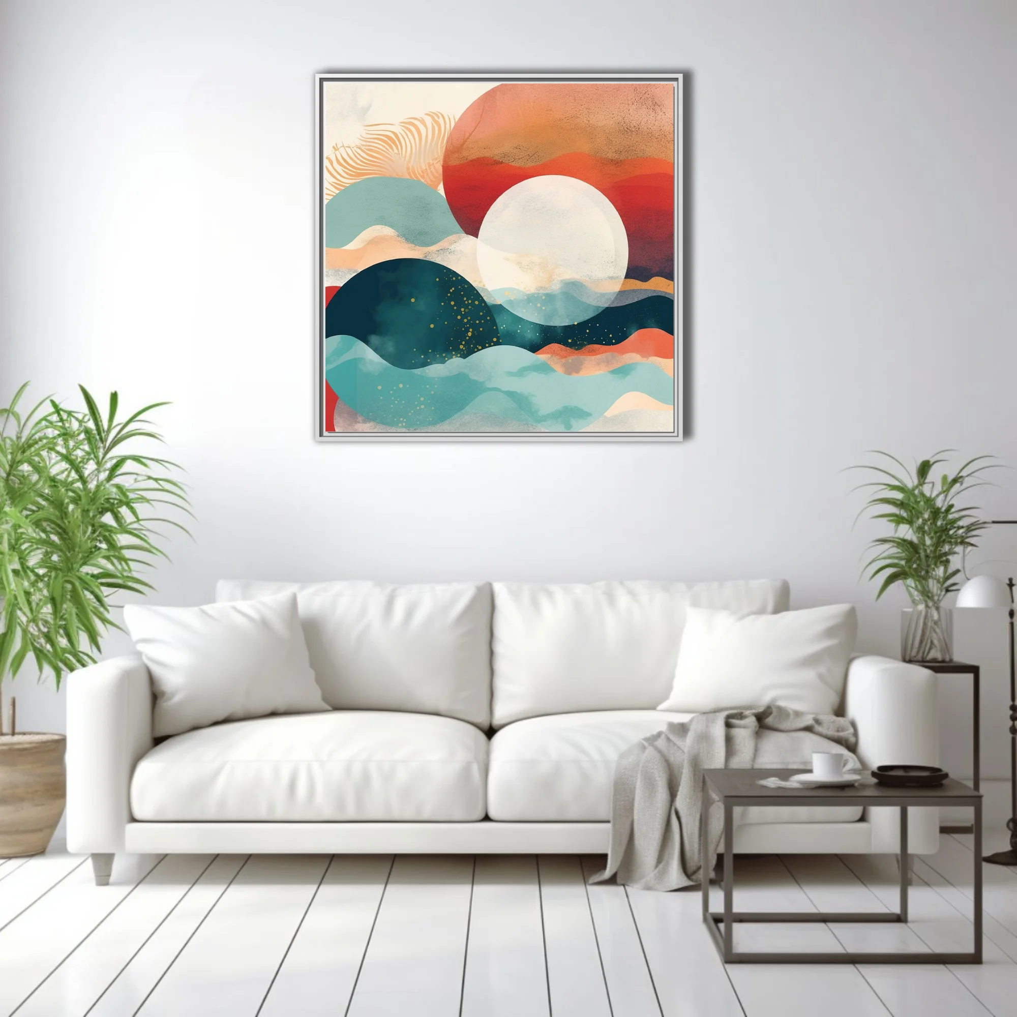 Boho abstract landscape with teal waves, terra-cotta tones, and glowing celestial forms