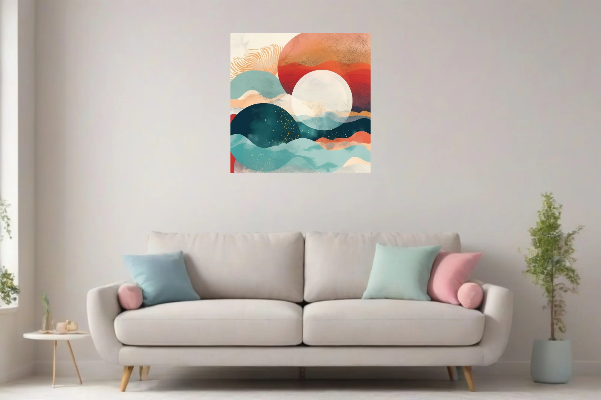 Boho abstract landscape with teal waves, terra-cotta tones, and glowing celestial forms
