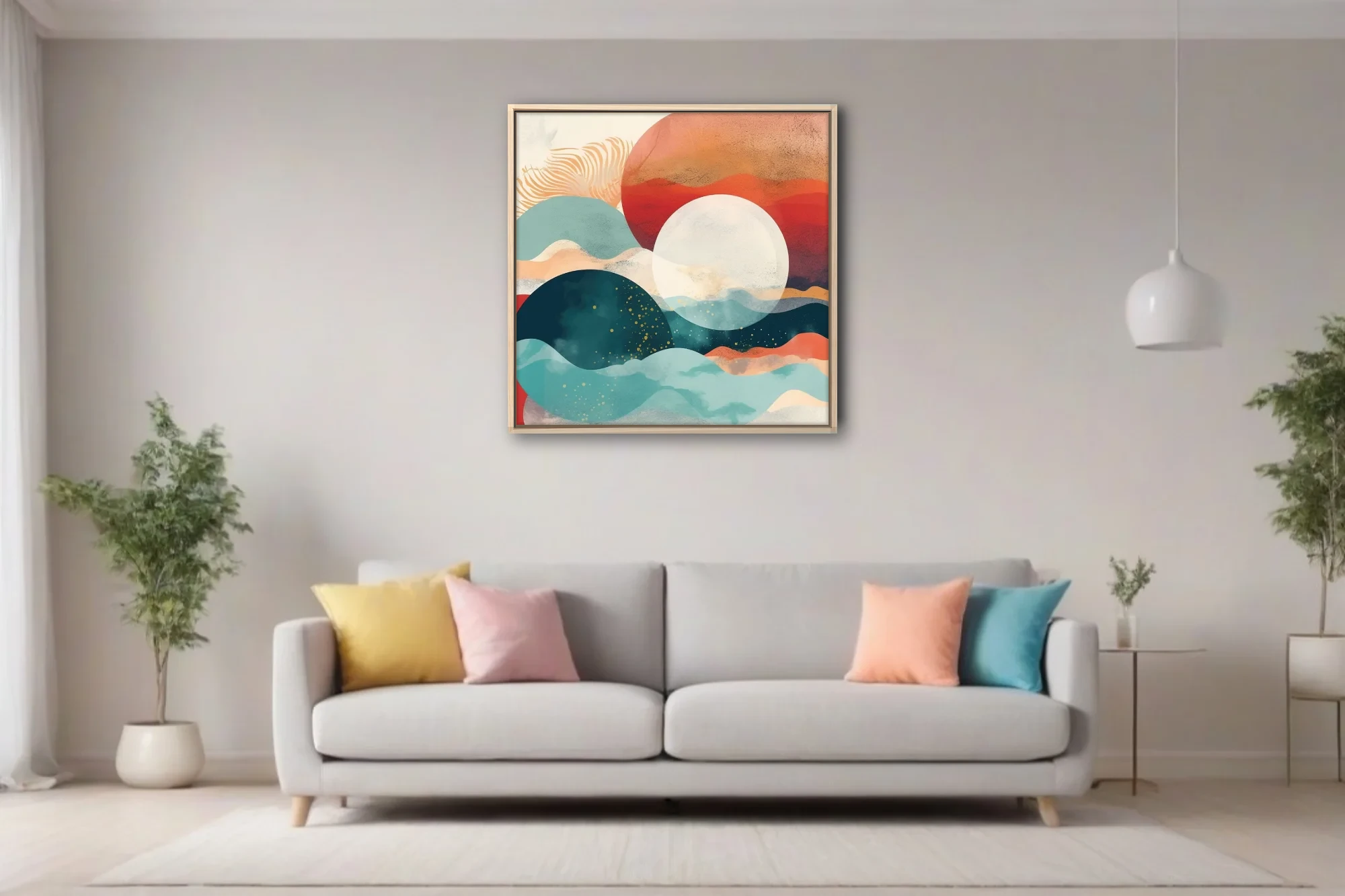Boho abstract landscape with teal waves, terra-cotta tones, and glowing celestial forms