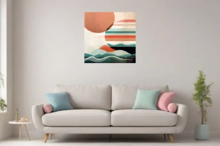 Mid-century modern abstract coastal landscape with terracotta sun and teal waves