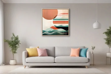 Mid-century modern abstract coastal landscape with terracotta sun and teal waves