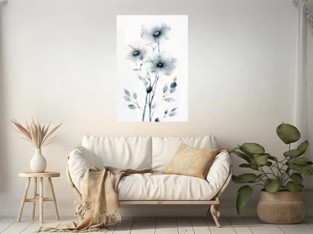 Monochromatic watercolor-style botanical flowers grey ink-wash minimalist wall art