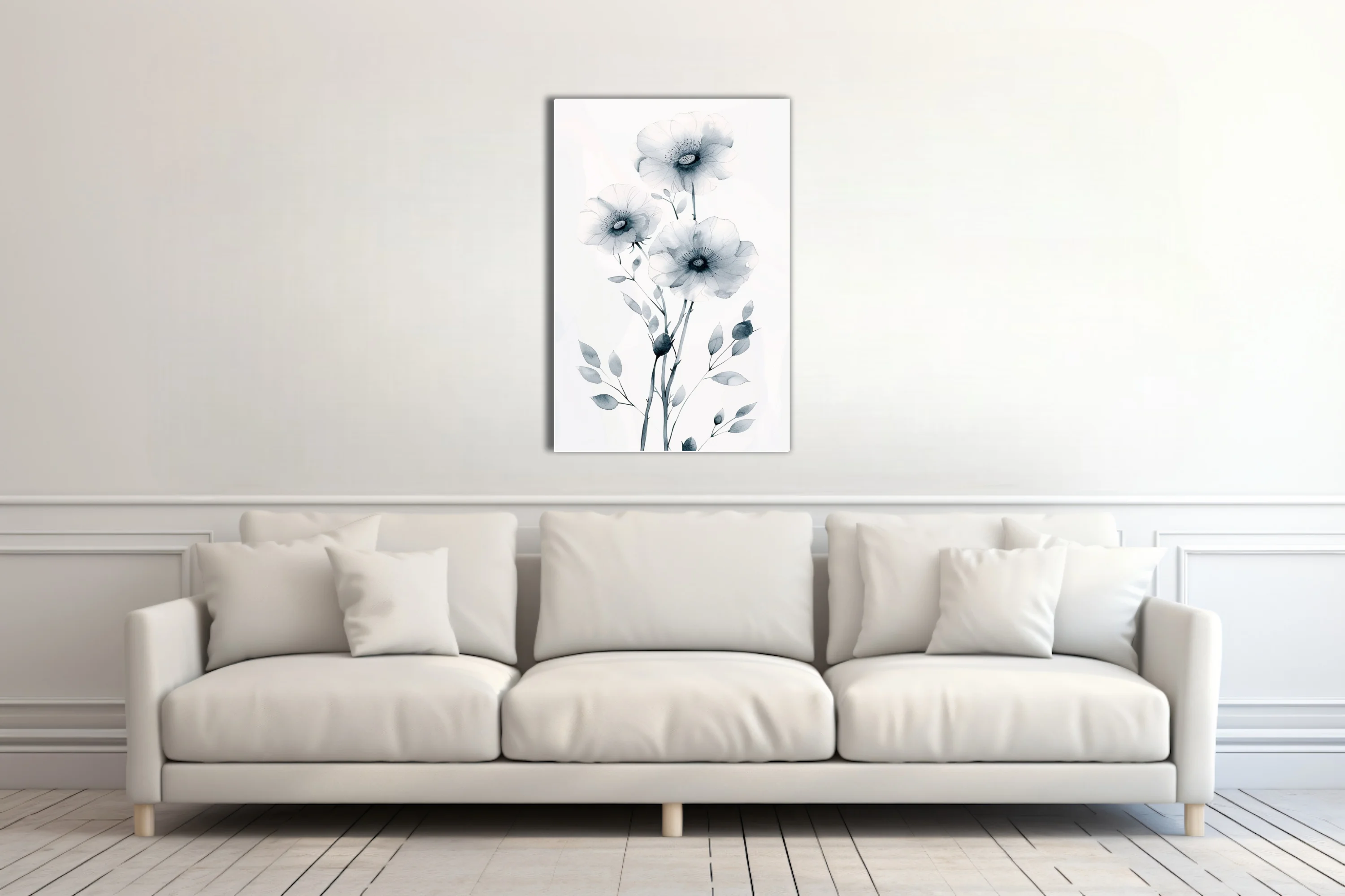 Monochromatic watercolor-style botanical flowers grey ink-wash minimalist wall art