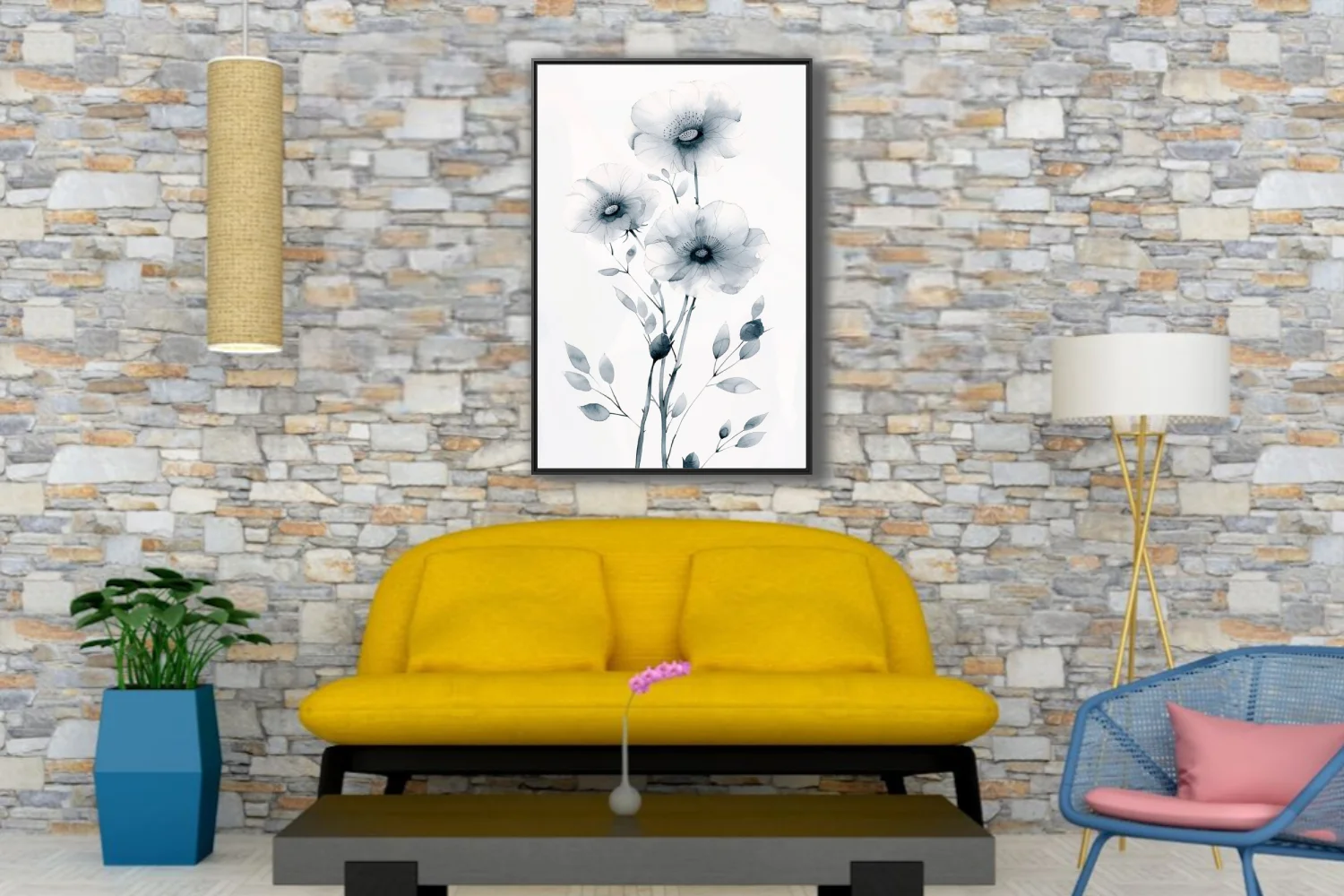 Monochromatic watercolor-style botanical flowers grey ink-wash minimalist wall art