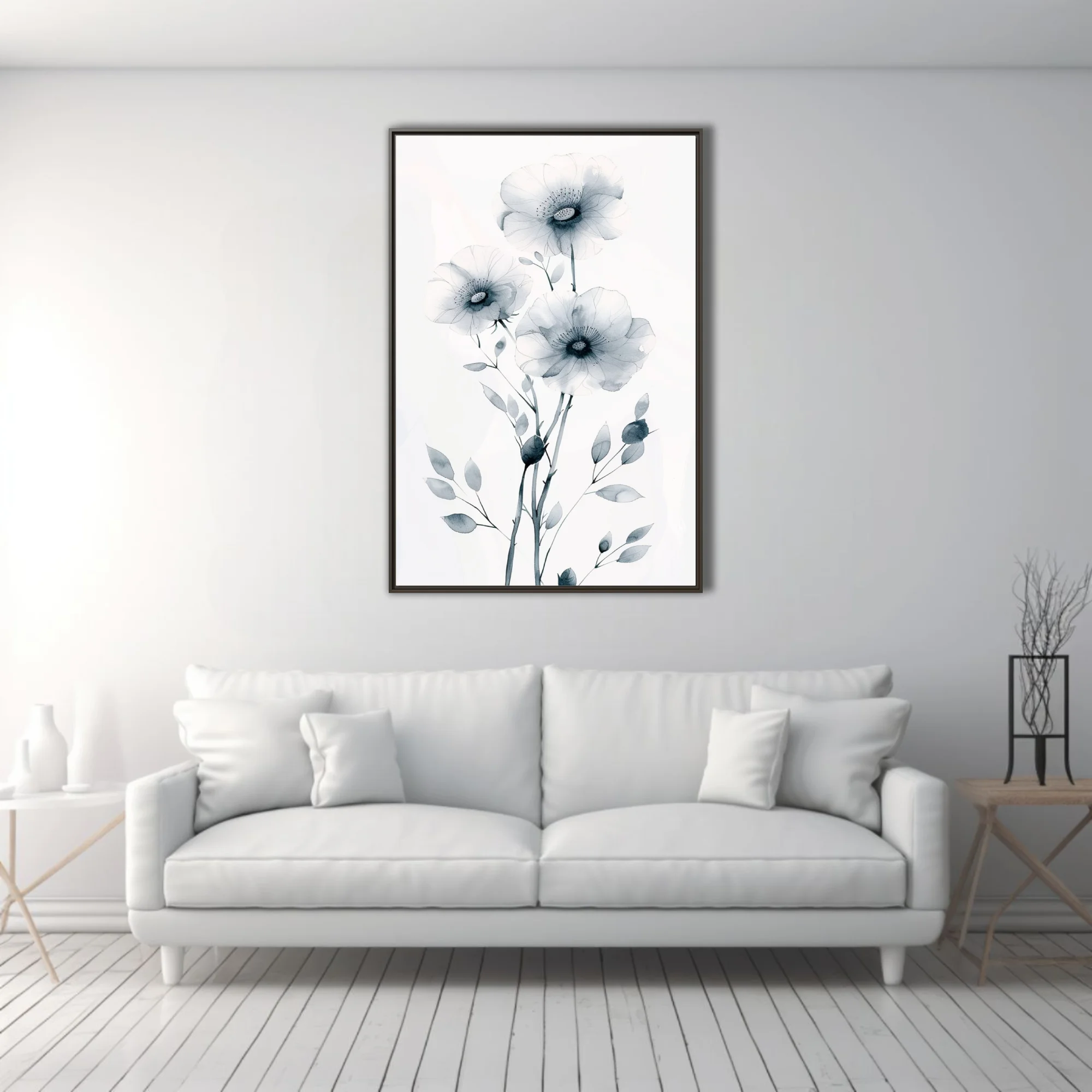 Monochromatic watercolor-style botanical flowers grey ink-wash minimalist wall art
