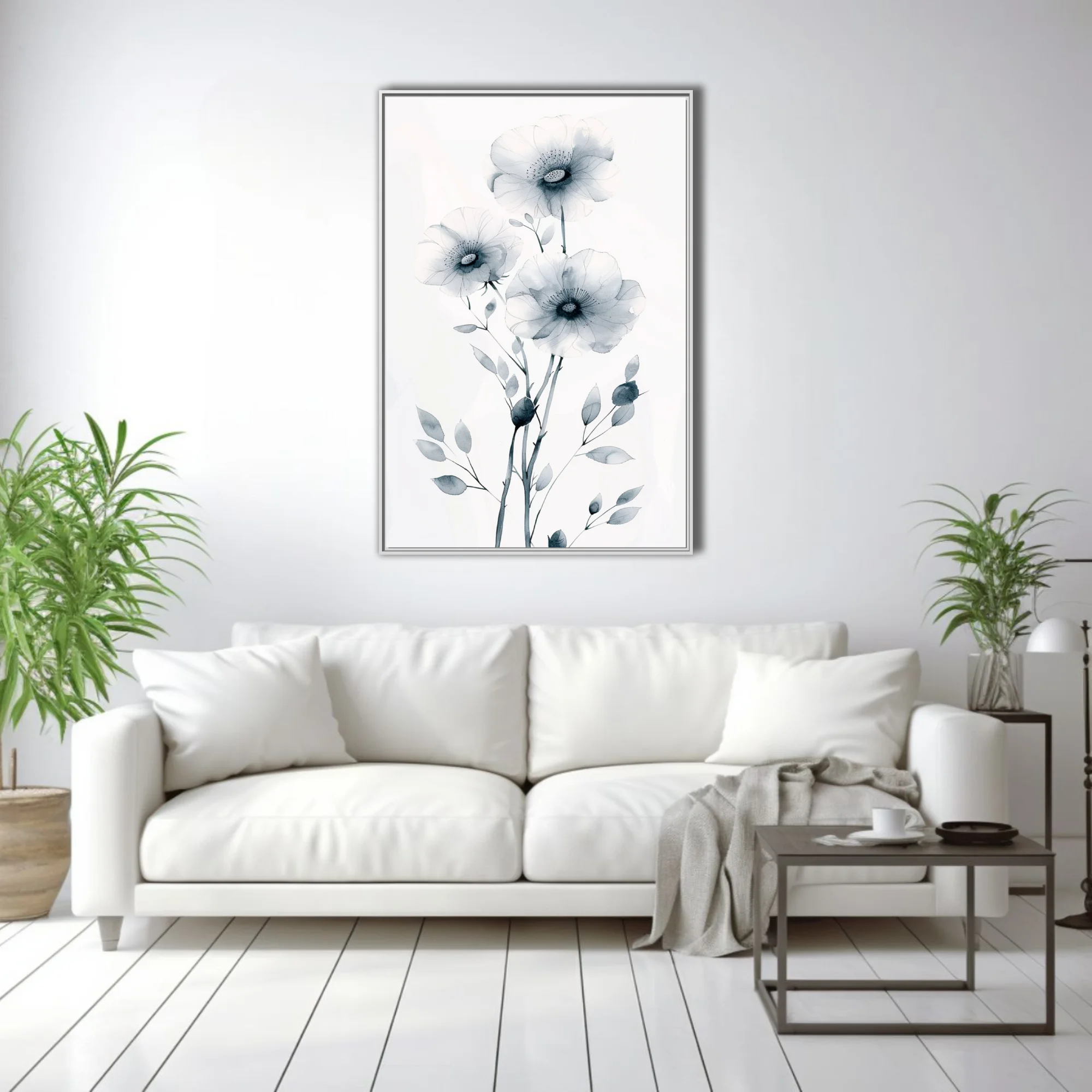 Monochromatic watercolor-style botanical flowers grey ink-wash minimalist wall art