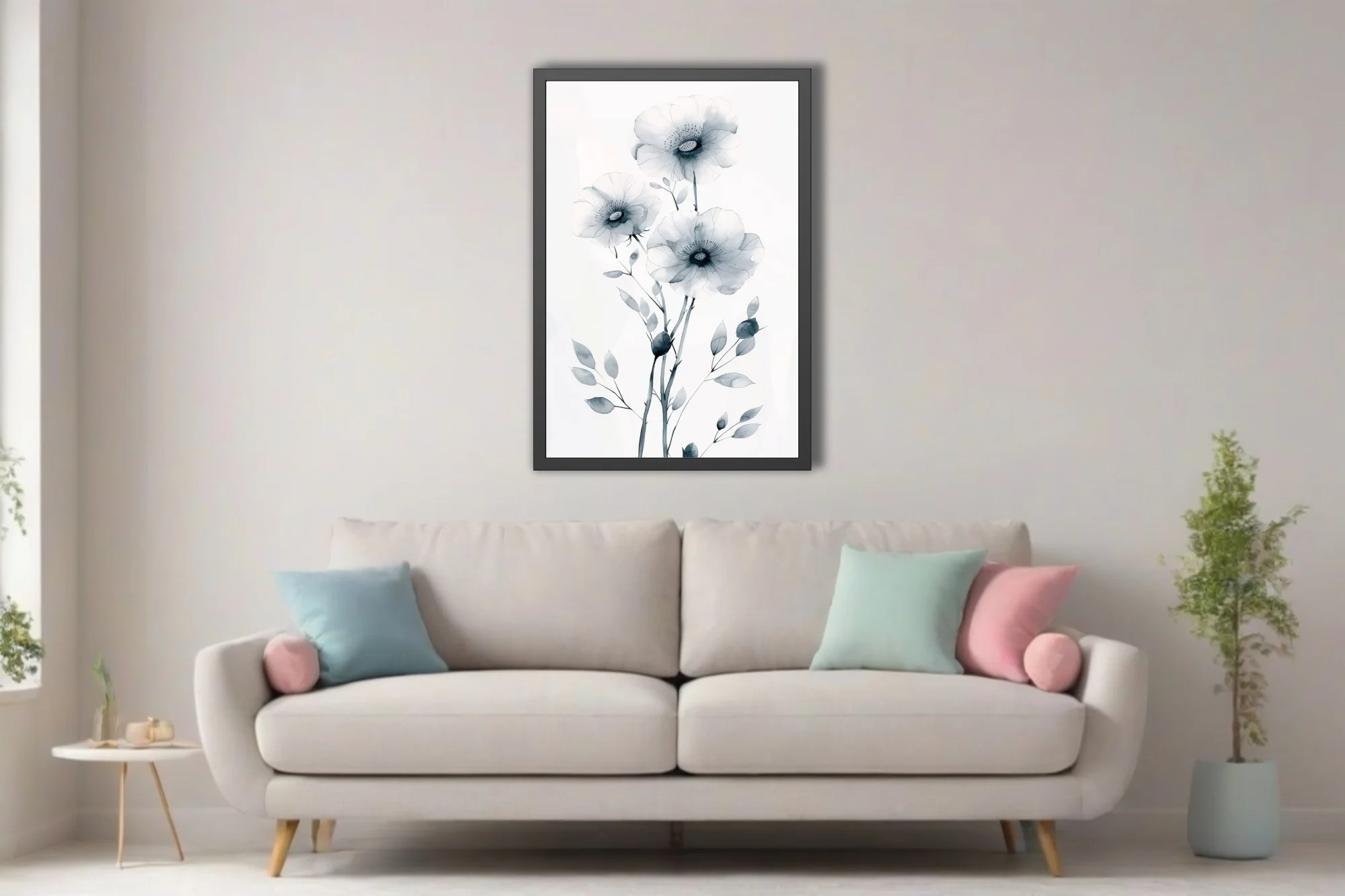 Monochromatic watercolor-style botanical flowers grey ink-wash minimalist wall art