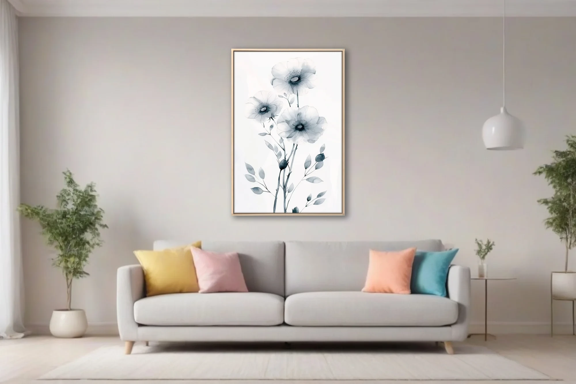 Monochromatic watercolor-style botanical flowers grey ink-wash minimalist wall art