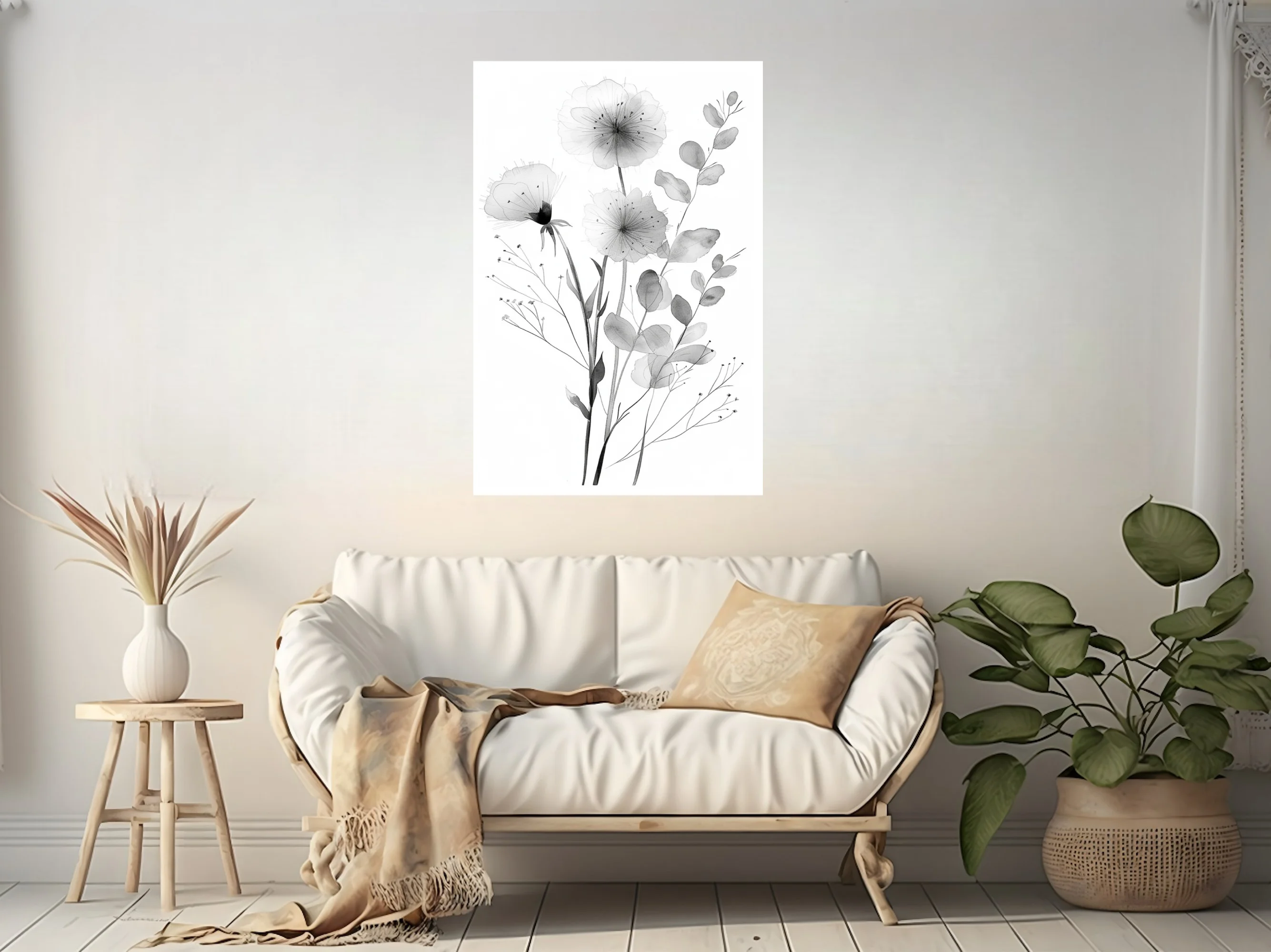 Monochromatic watercolor-style botanical illustration with delicate flowers and eucalyptus stems