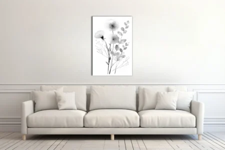 Monochromatic watercolor-style botanical illustration with delicate flowers and eucalyptus stems