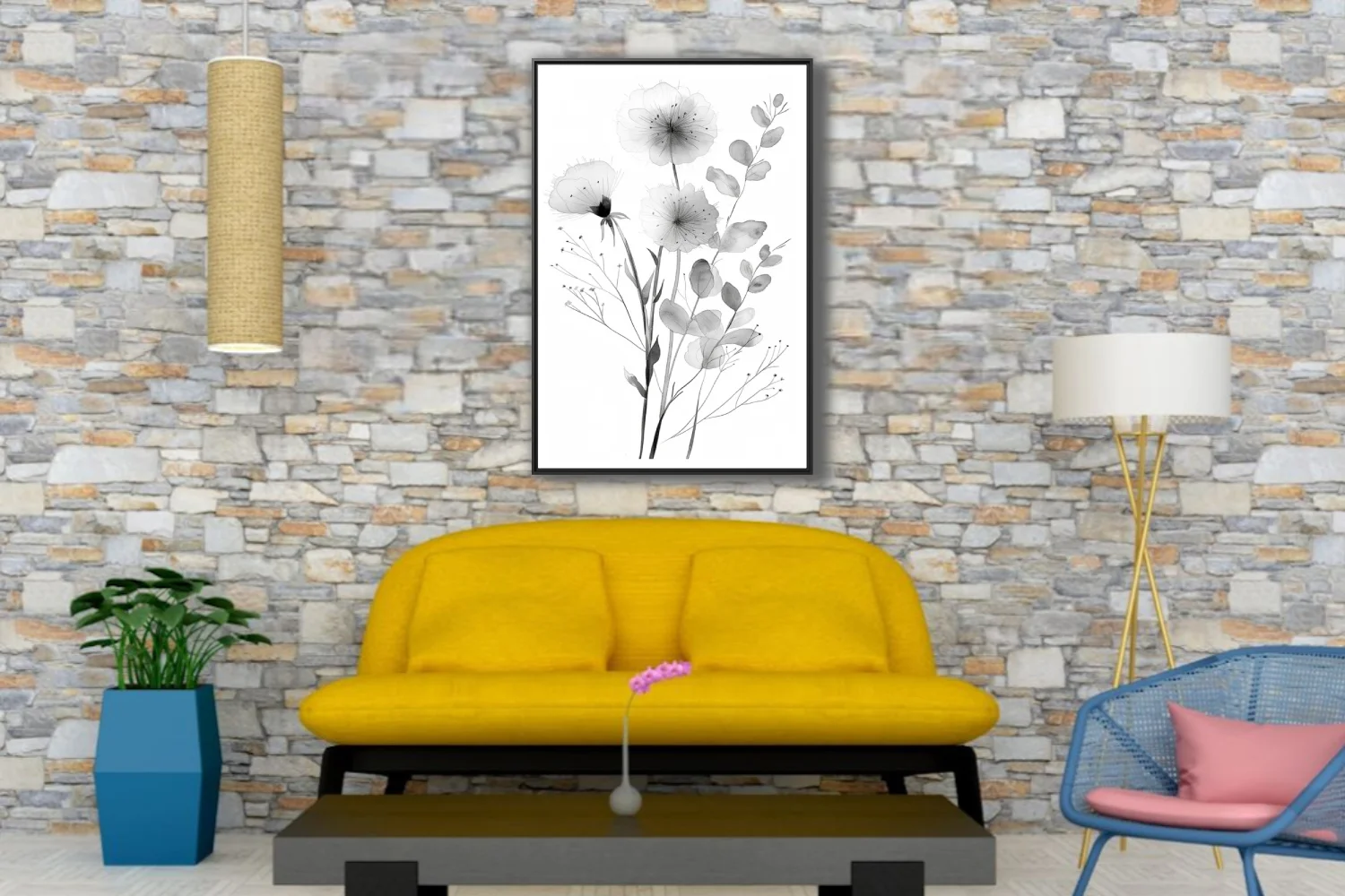 Monochromatic watercolor-style botanical illustration with delicate flowers and eucalyptus stems