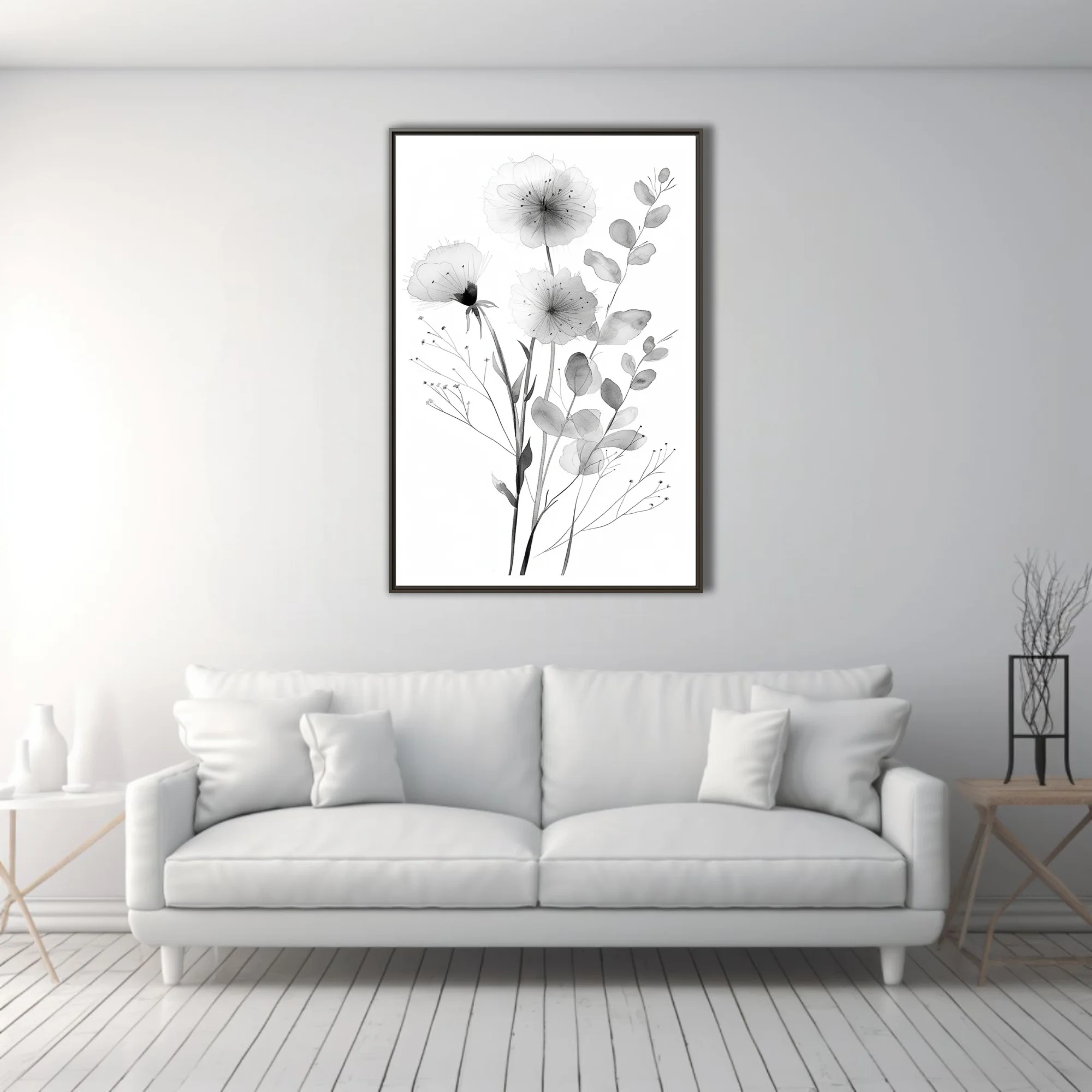 Monochromatic watercolor-style botanical illustration with delicate flowers and eucalyptus stems