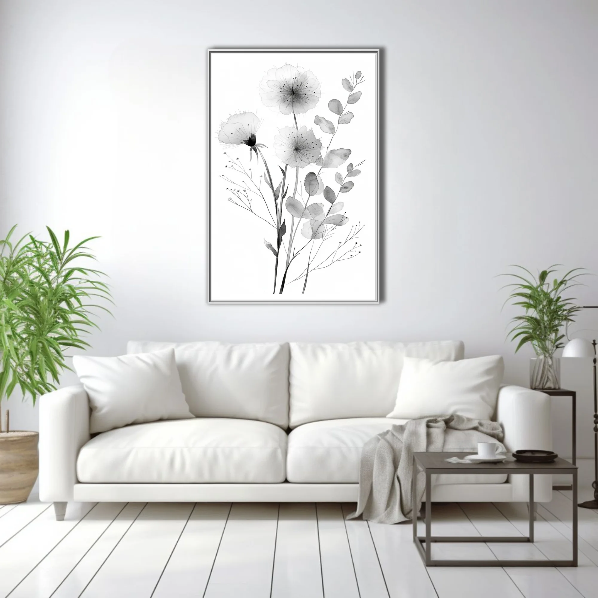 Monochromatic watercolor-style botanical illustration with delicate flowers and eucalyptus stems