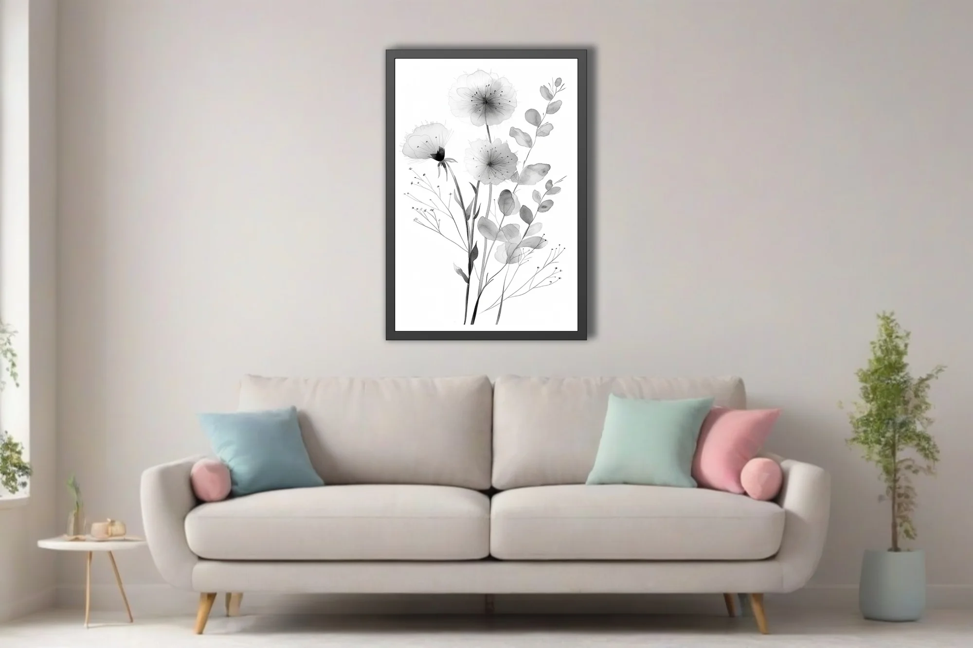 Monochromatic watercolor-style botanical illustration with delicate flowers and eucalyptus stems