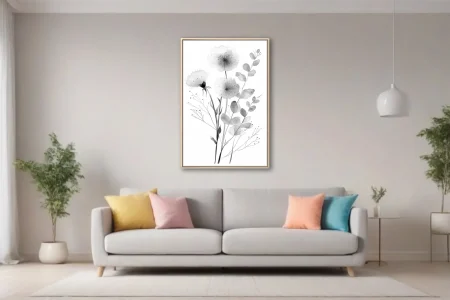 Monochromatic watercolor-style botanical illustration with delicate flowers and eucalyptus stems