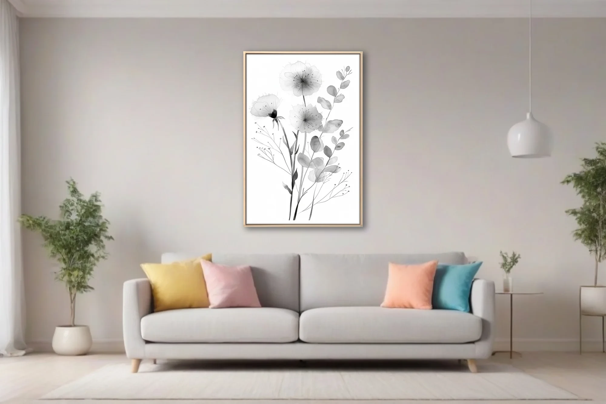 Monochromatic watercolor-style botanical illustration with delicate flowers and eucalyptus stems