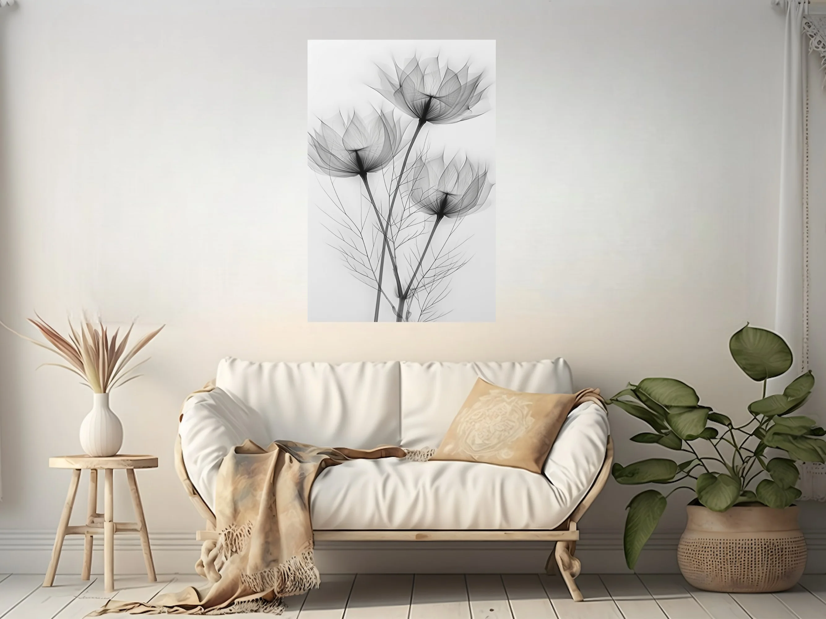 X-ray style botanical art, translucent floral forms in black and white
