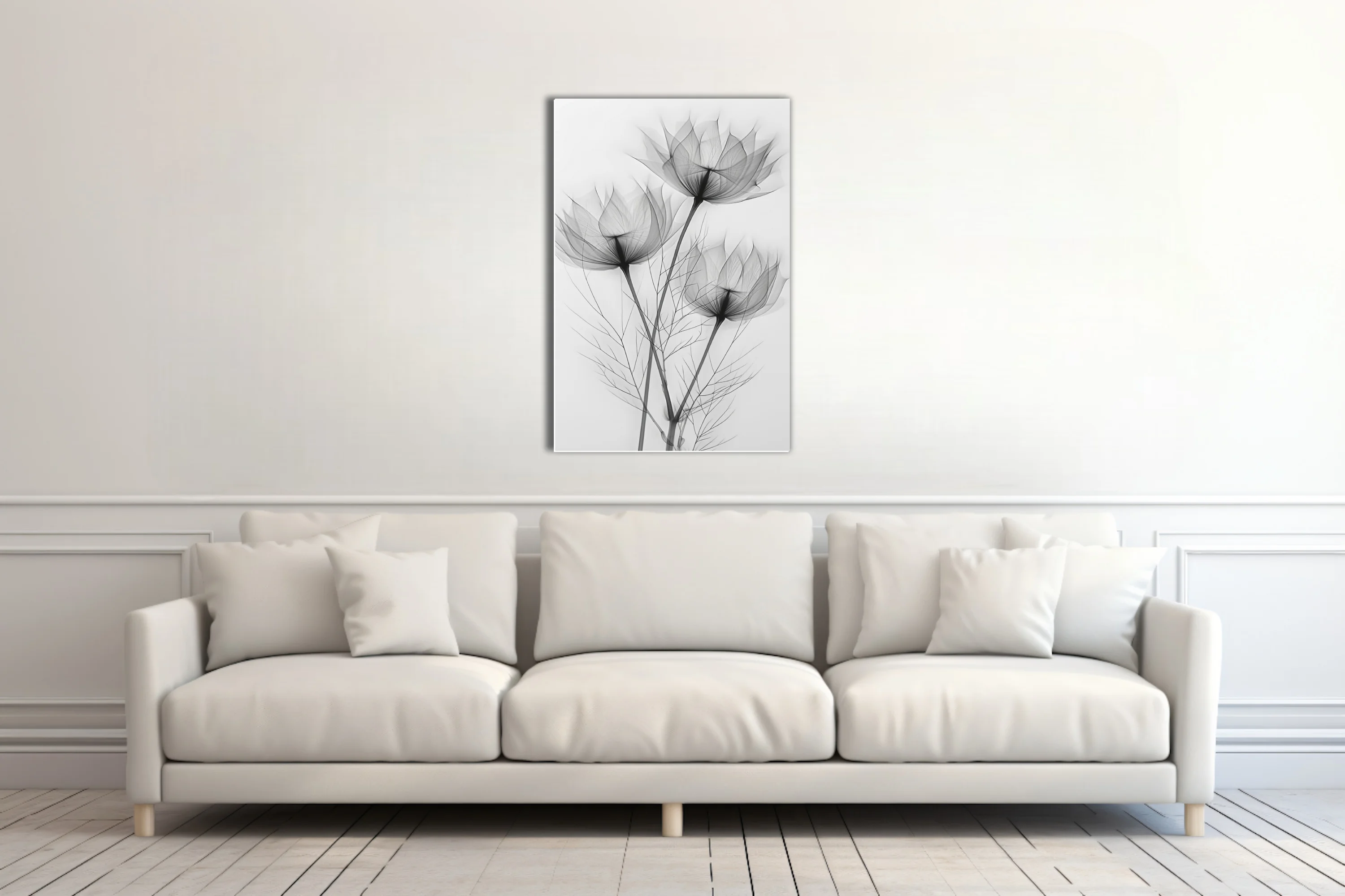 X-ray style botanical art, translucent floral forms in black and white