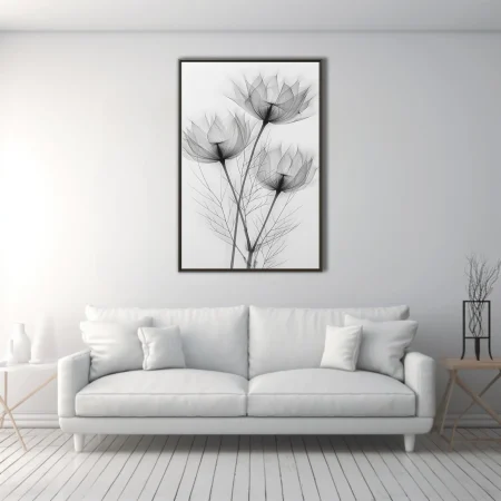 X-ray style botanical art, translucent floral forms in black and white