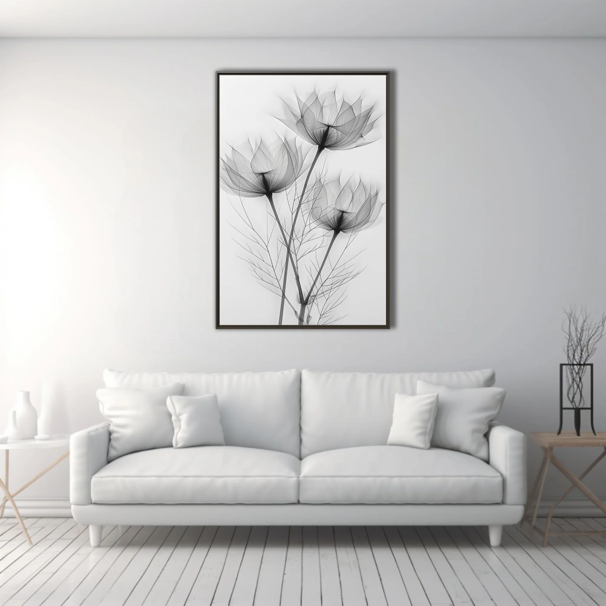 X-ray style botanical art, translucent floral forms in black and white