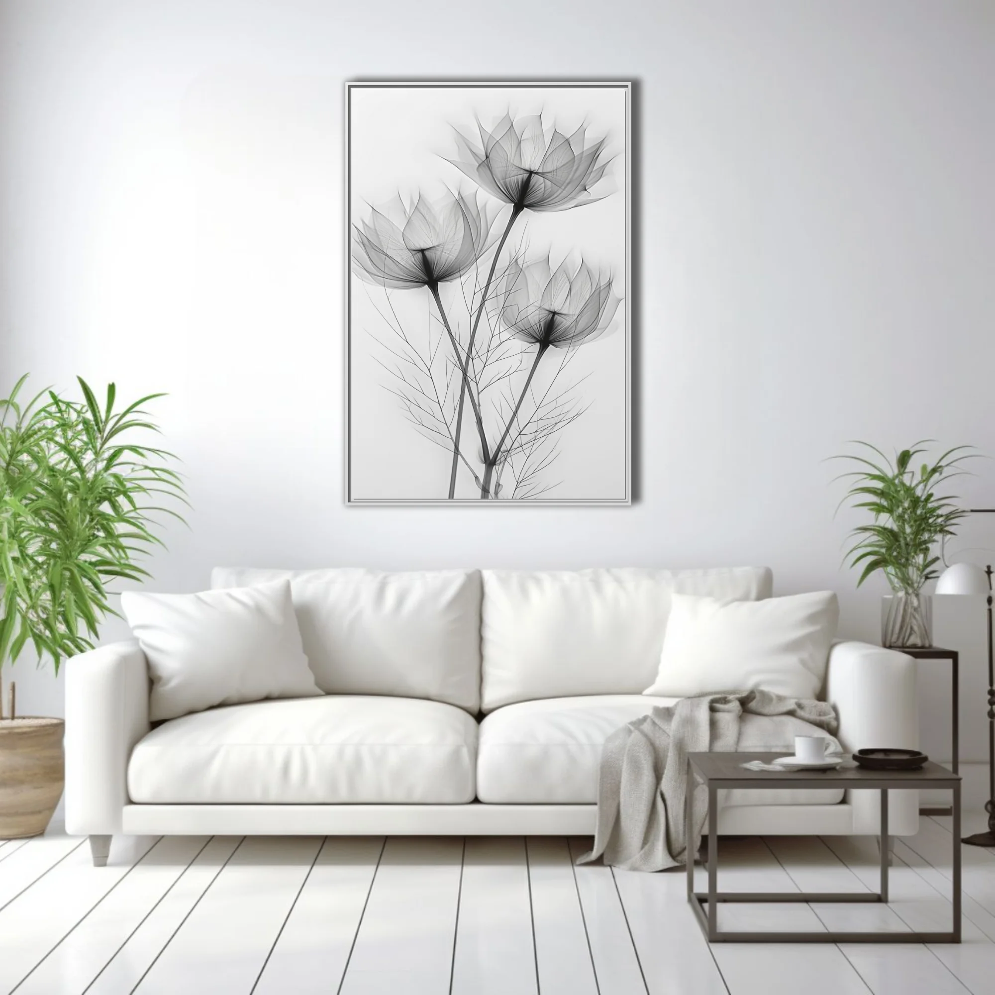 X-ray style botanical art, translucent floral forms in black and white
