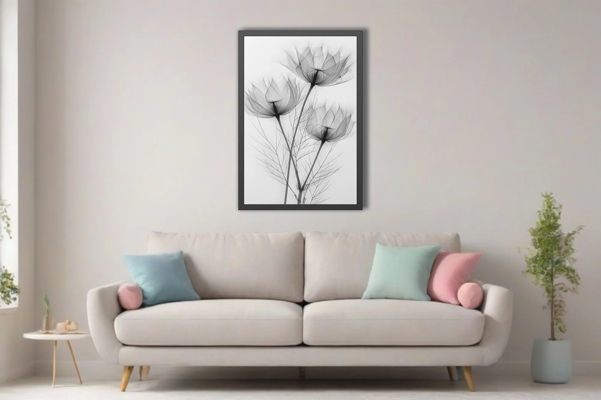X-ray style botanical art, translucent floral forms in black and white