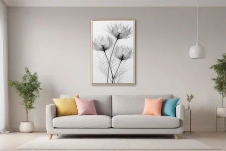 X-ray style botanical art, translucent floral forms in black and white