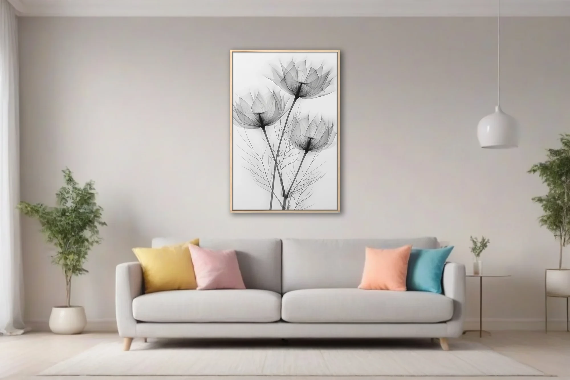 X-ray style botanical art, translucent floral forms in black and white