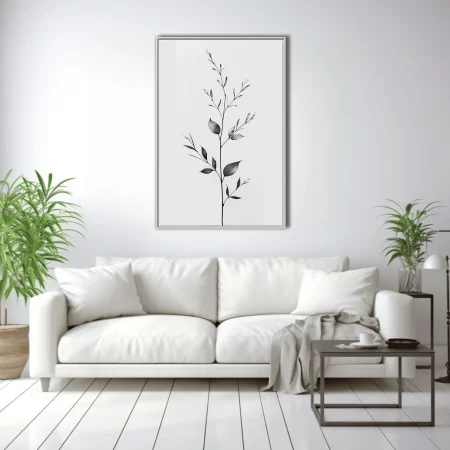 Minimalist black-and-white botanical stem with leaves and buds, ink-style wall art