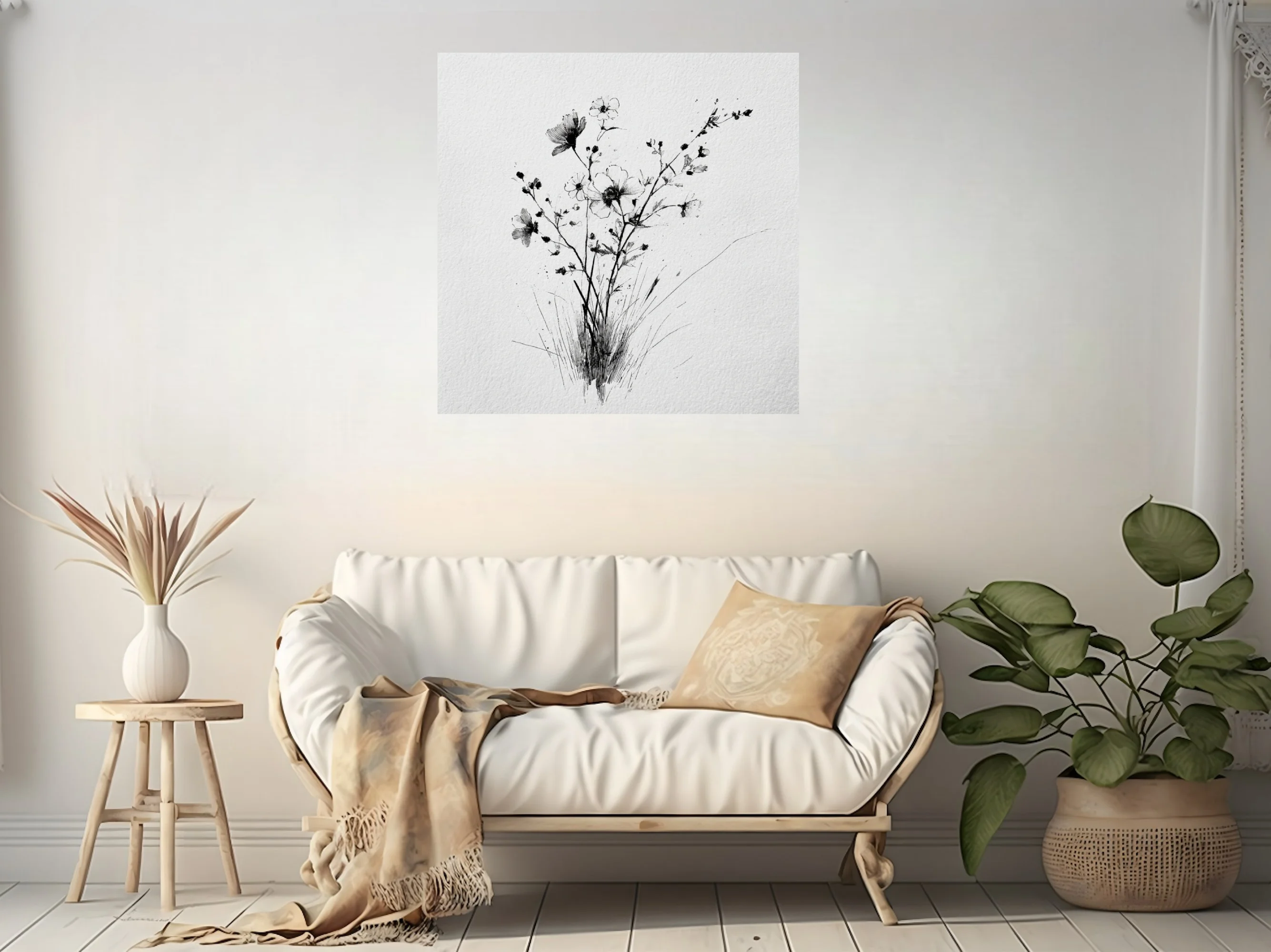 Black and white ink-style wildflower botanical illustration on textured paper
