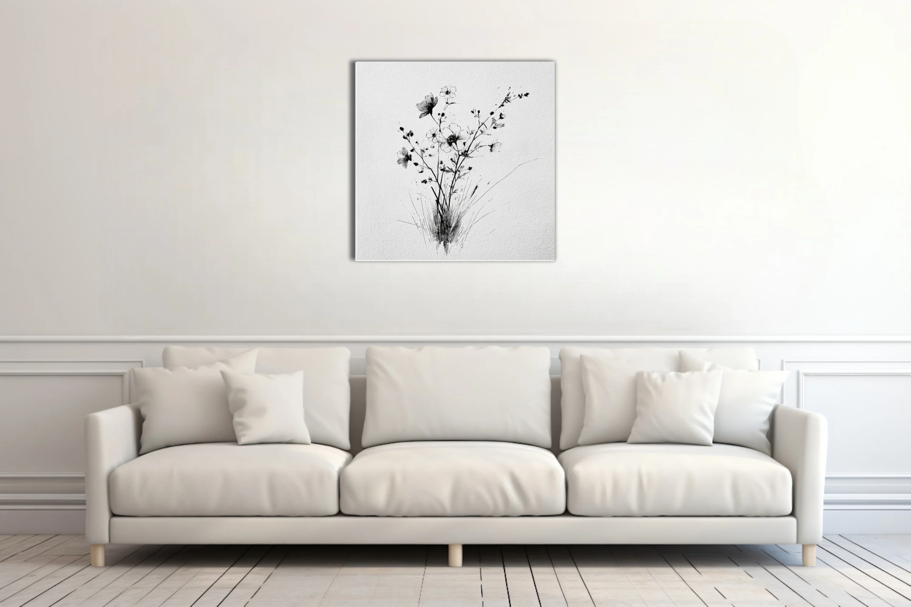 Black and white ink-style wildflower botanical illustration on textured paper